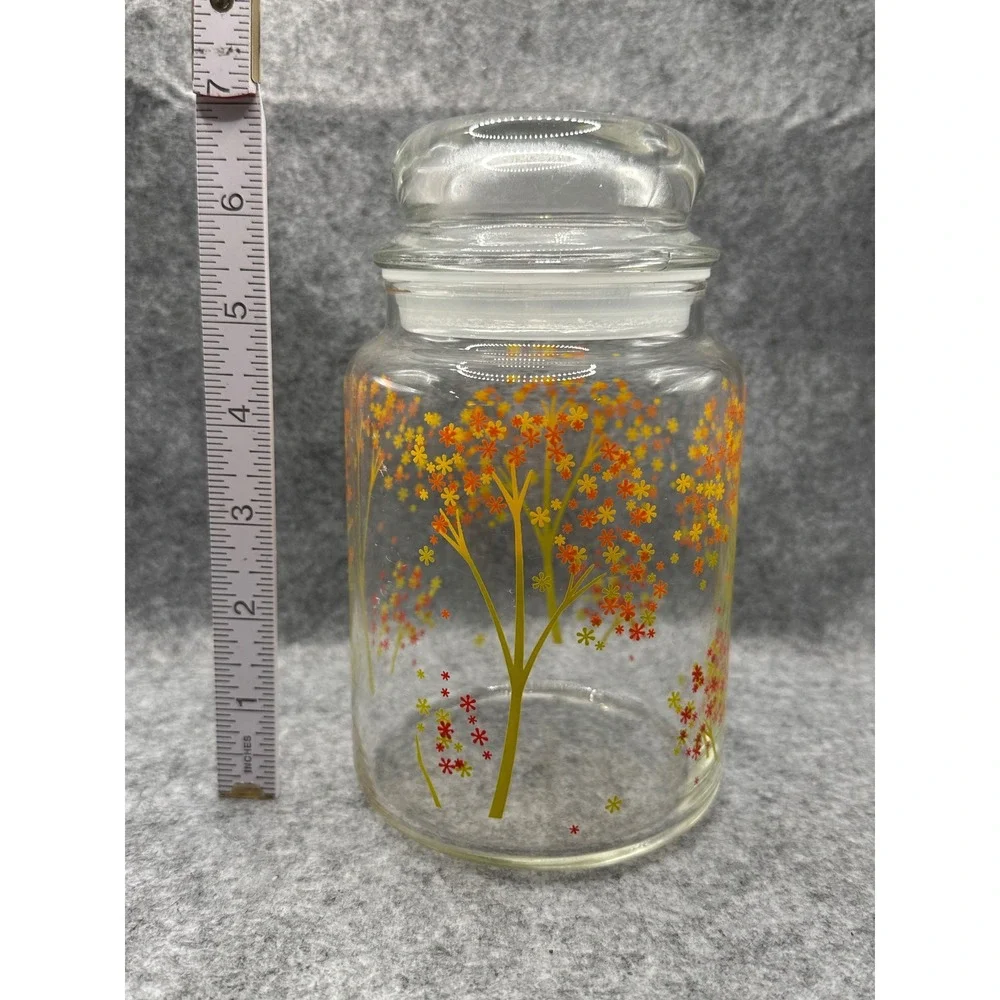Vintage Glass Canister Set 3 Autumn Floral Tree Orange Yellow Red USA Made